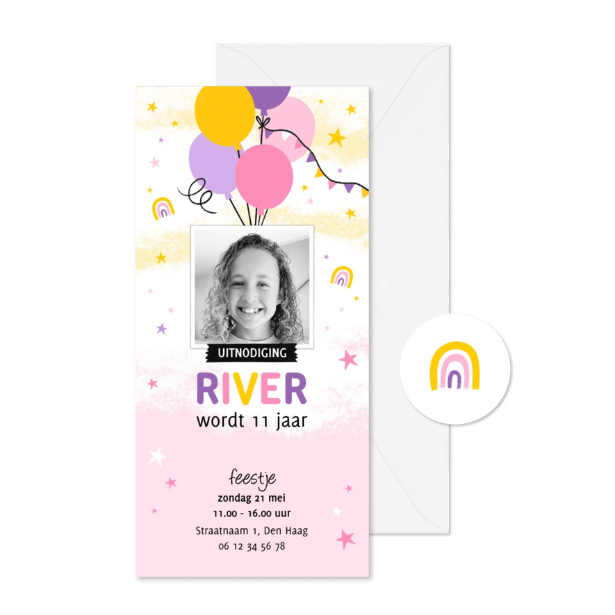 Uitnodiging ballonnen sterren paars roze geel - Kaartimpressie