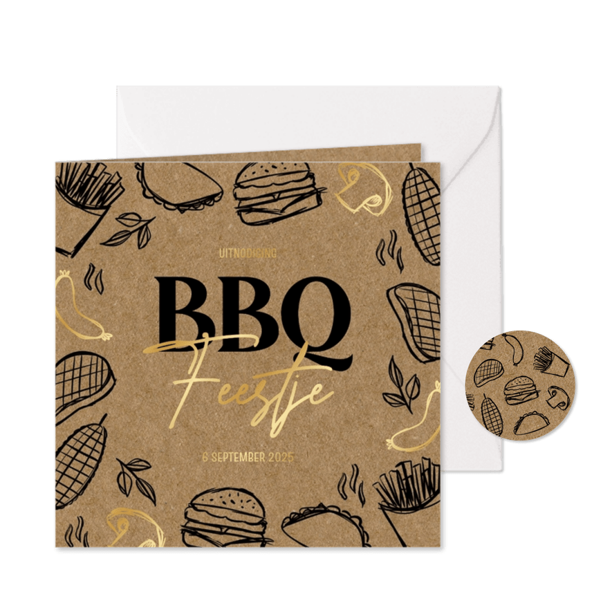 Uitnodiging barbecue feestje doodles zwart goud kraftlook - Kaartimpressie