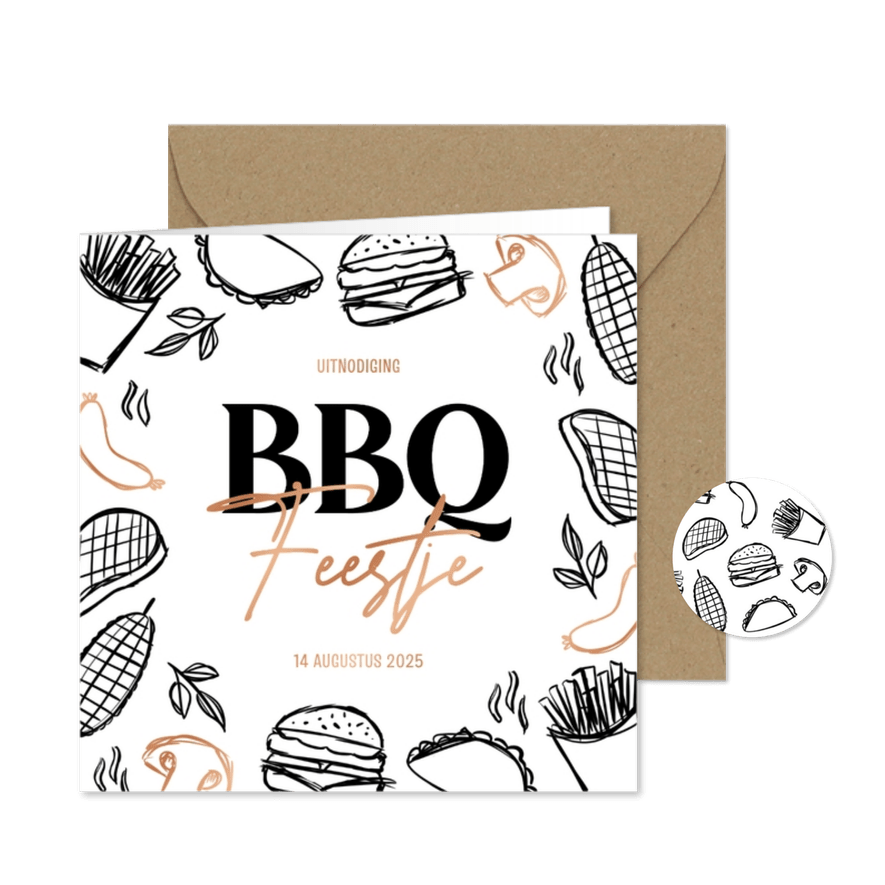 Uitnodiging barbecue feestje doodles zwart wit koper - Kaartimpressie