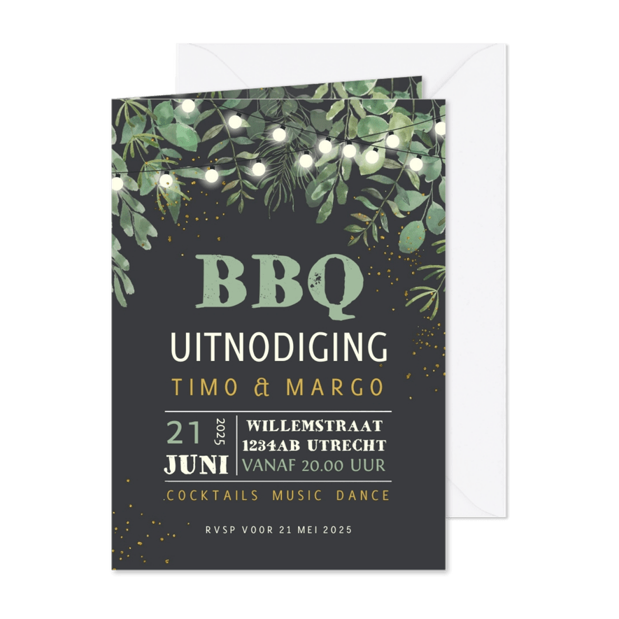 Uitnodiging BBQ feestje met prikkabel en takjes - Kaartimpressie