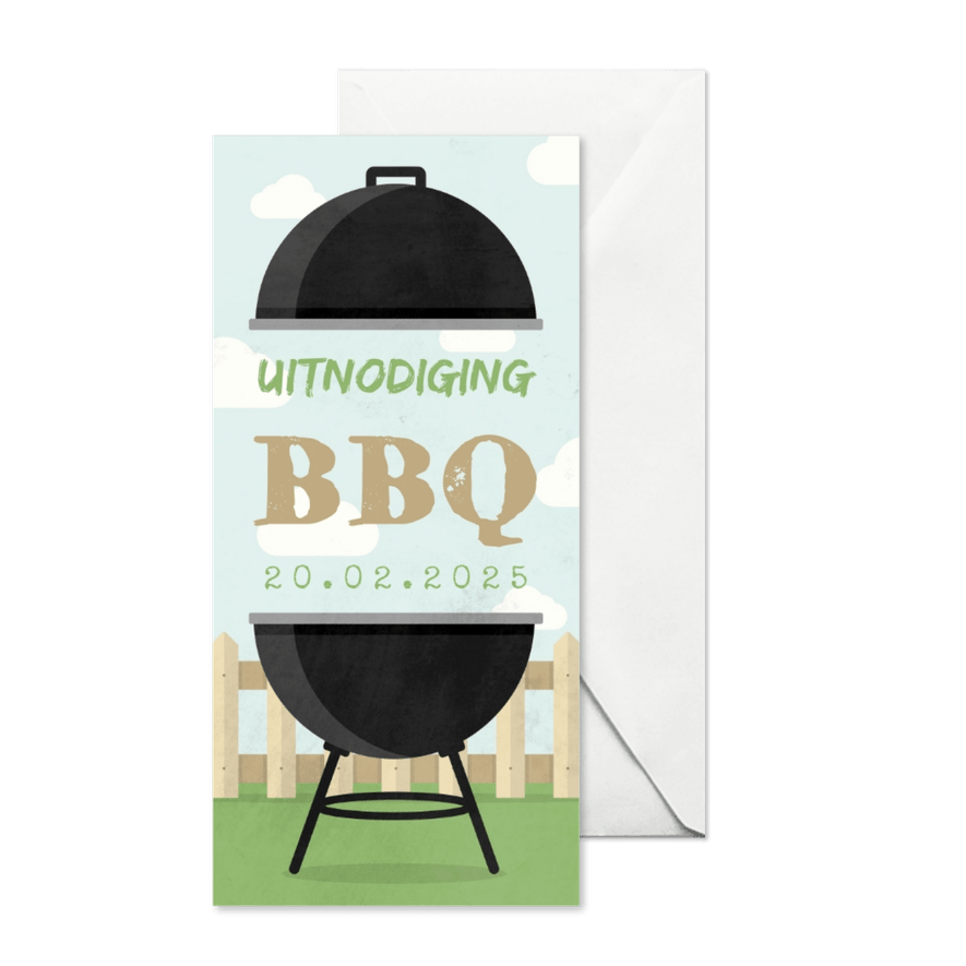 Uitnodiging BBQ met barbecue, hekje en wolken - Kaartimpressie