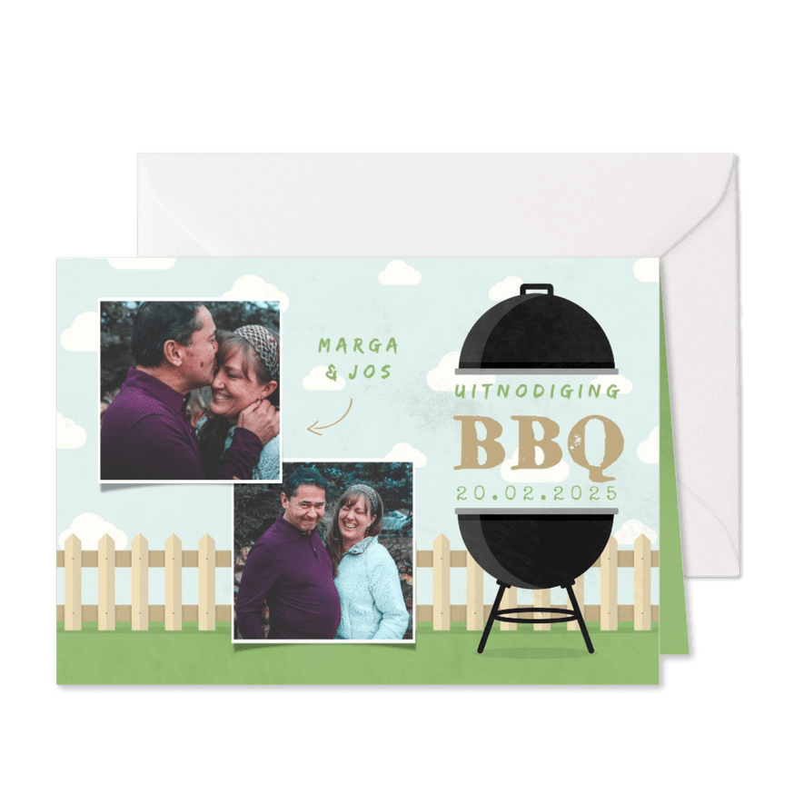 Uitnodiging BBQ met foto's, barbecue, hekje en wolken - Kaartimpressie