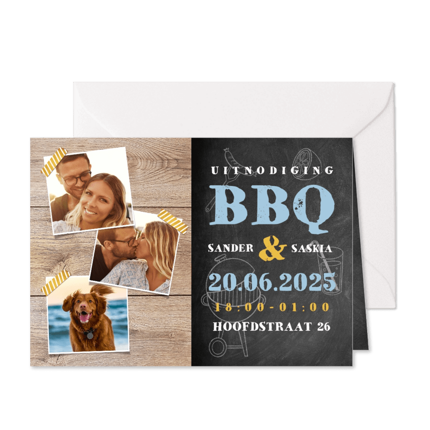 Uitnodiging BBQ met hout, krijtbord, illustraties en foto's - Kaartimpressie