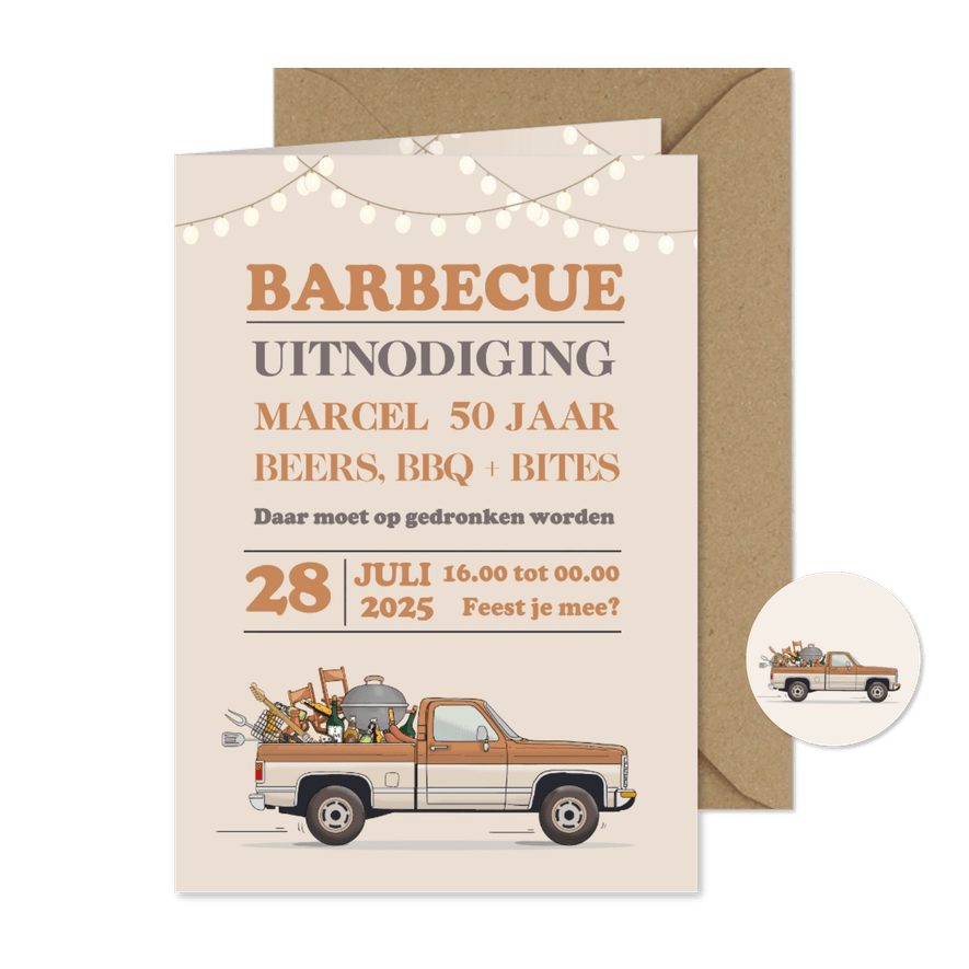 Uitnodiging BBQ met pickup truck retro bruin - Kaartimpressie