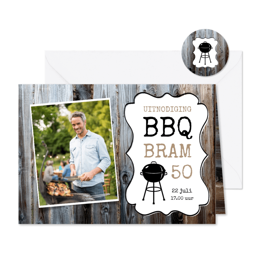 Uitnodiging bbq sloophout en eigen foto - Kaartimpressie