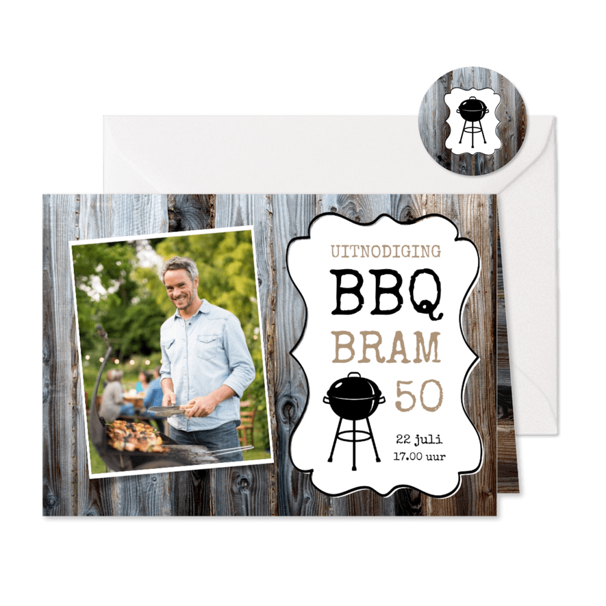 Uitnodiging bbq sloophout en eigen foto - Kaartimpressie