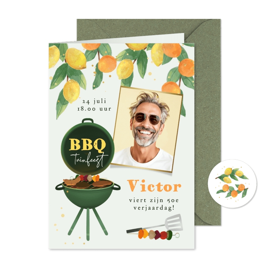 Uitnodiging BBQ tuinfeest citroen sinaasappel foto zomer - Kaartimpressie