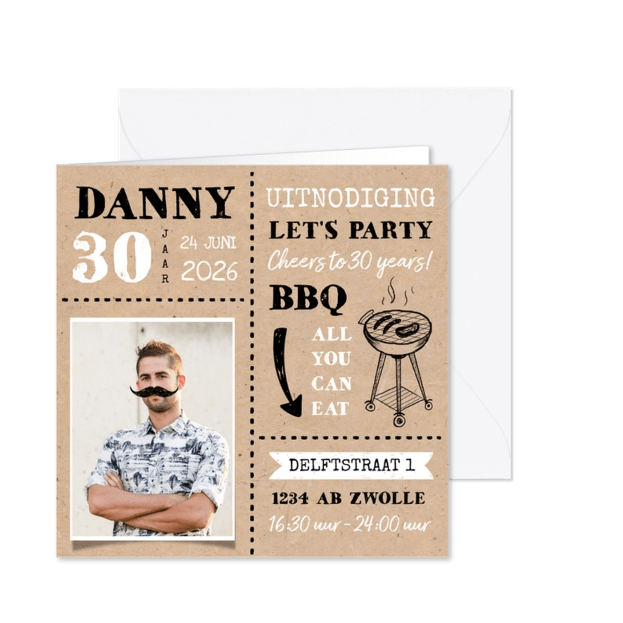 Uitnodiging BBQ tuinfeest verjaardag man - Kaartimpressie