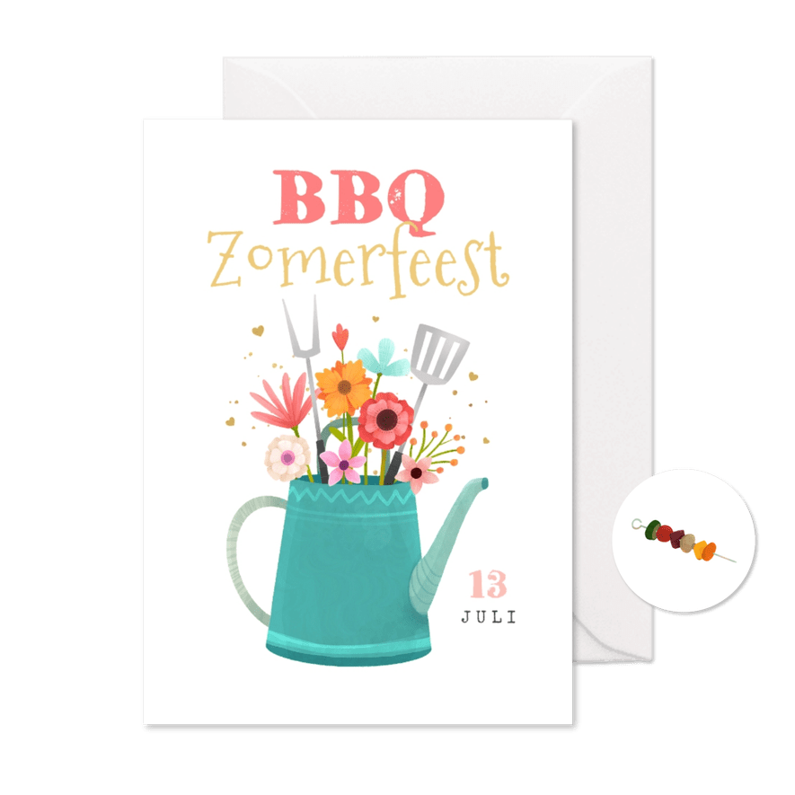 Uitnodiging BBQ tuinfeest zomerfeest bloemen gieter hartjes - Kaartimpressie