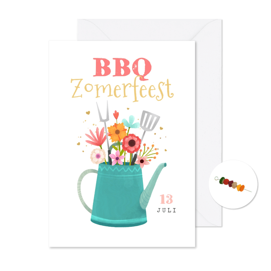 Uitnodiging BBQ tuinfeest zomerfeest bloemen gieter hartjes - Kaartimpressie