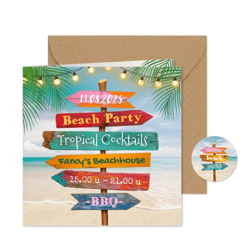 Uitnodiging beach party strandfeest caribische wegwijzers  - Kaartimpressie