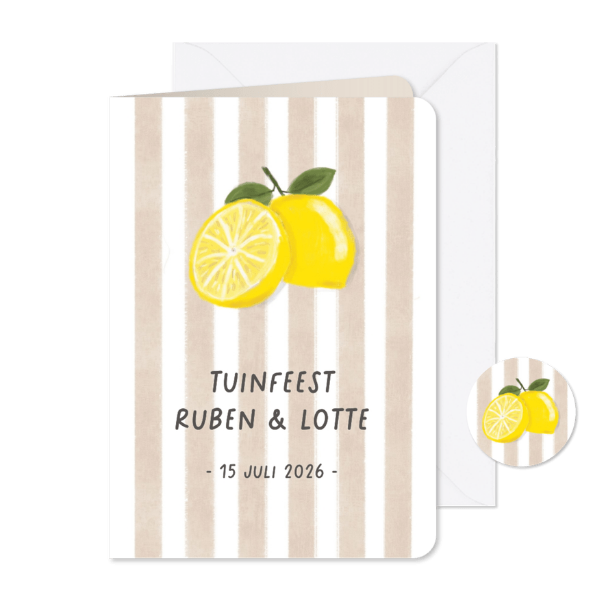 Uitnodiging beige streep met citroenen - Kaartimpressie