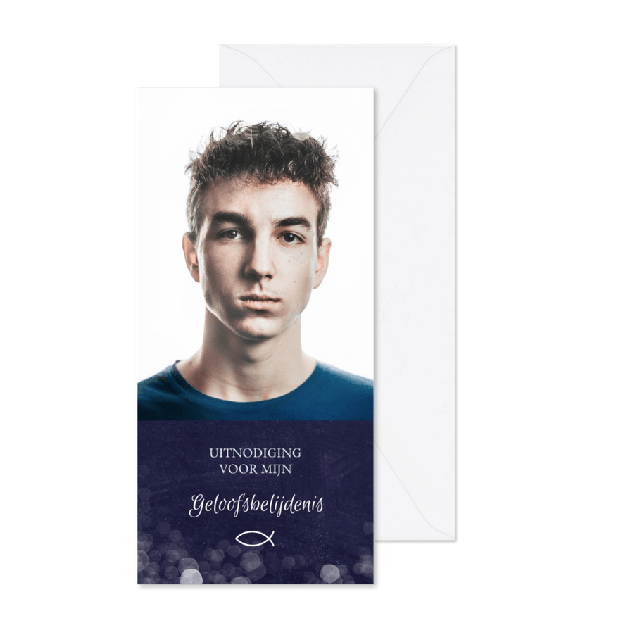 Uitnodiging belijdenis jongen met grote foto - Kaartimpressie
