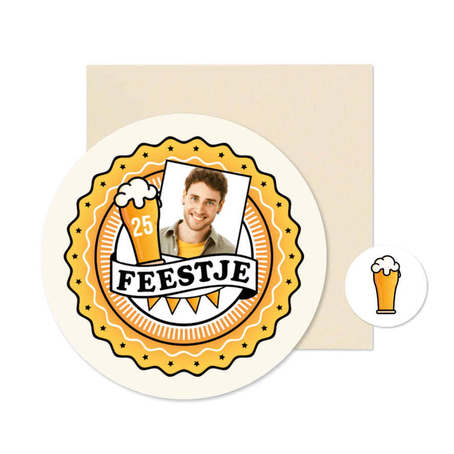 Uitnodiging bierviltje ronde kaart feestje foto stoer hip - Kaartimpressie