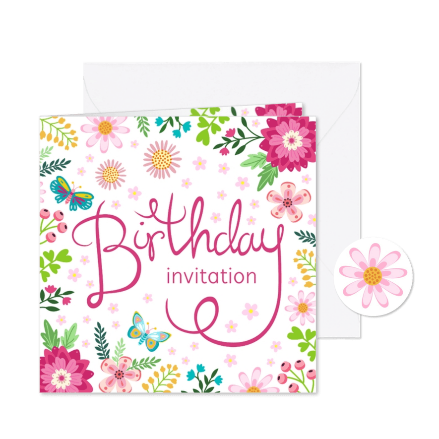 Uitnodiging birthday invitation bloemen - Kaartimpressie