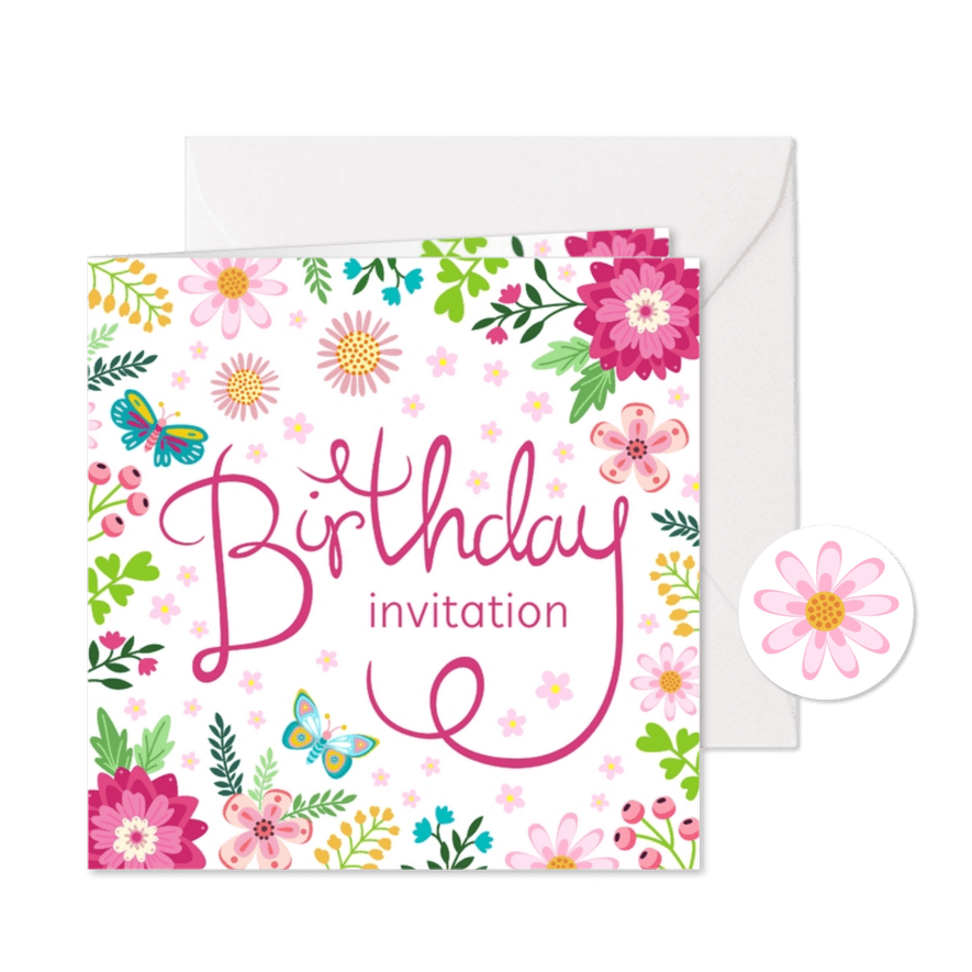 Uitnodiging birthday invitation bloemen - Kaartimpressie