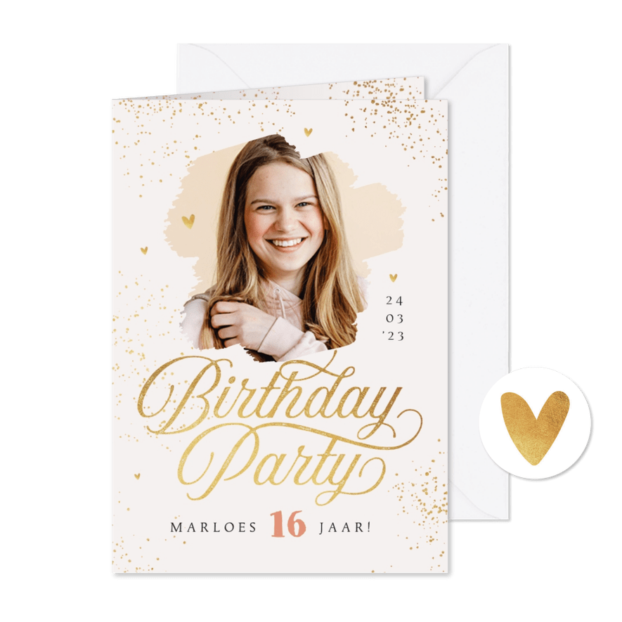 Uitnodiging birthday party verjaardag goud hartjes spetters - Kaartimpressie