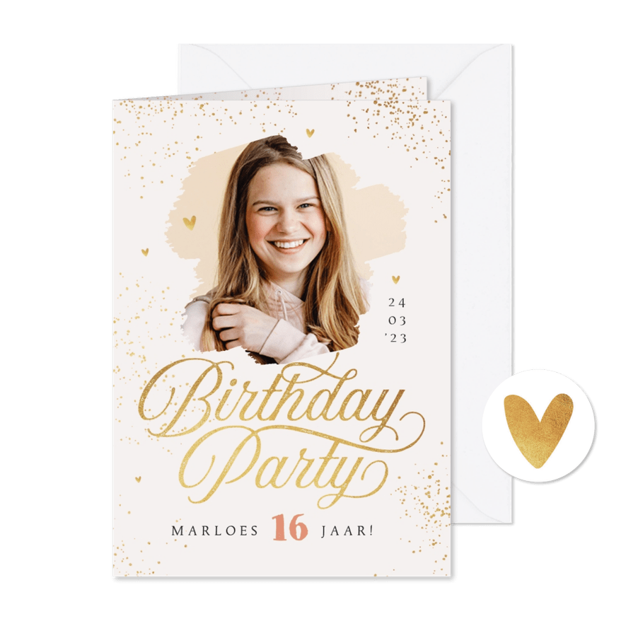 Uitnodiging birthday party verjaardag goud hartjes spetters - Kaartimpressie