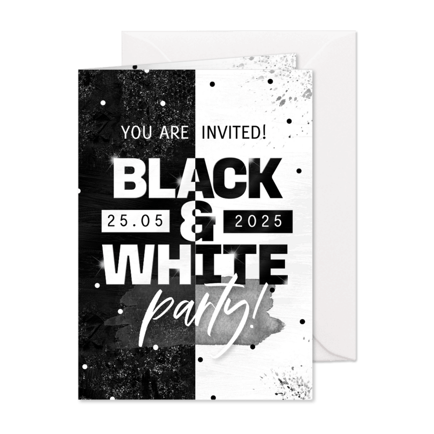 Uitnodiging Black & White party modern verf glitters - Kaartimpressie