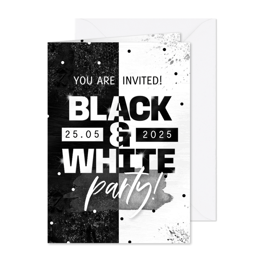Uitnodiging Black & White party modern verf glitters - Kaartimpressie
