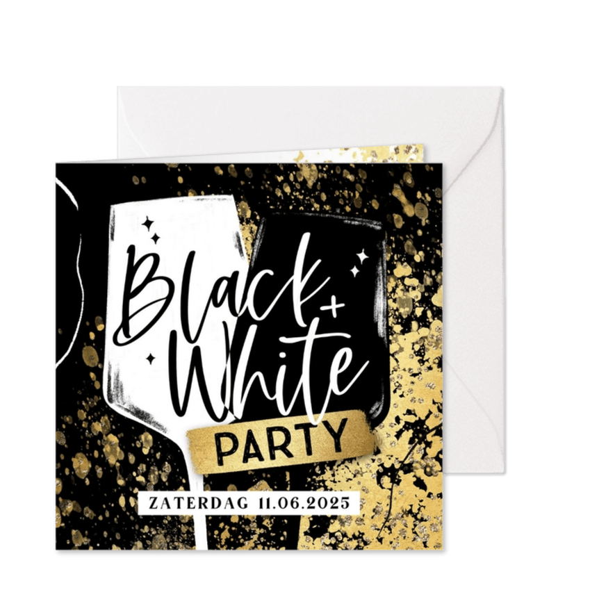 Uitnodiging Black&White party wijnglazen goudlook spetters - Kaartimpressie