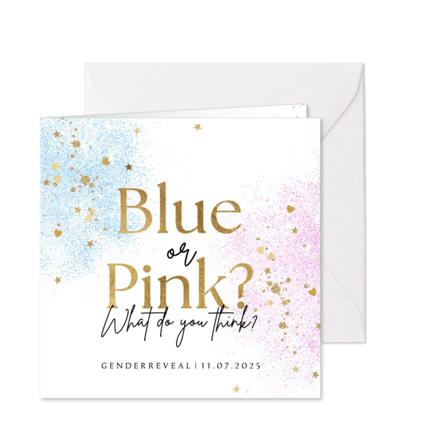 Uitnodiging blue or pink gender reveal party spetters goud - Kaartimpressie