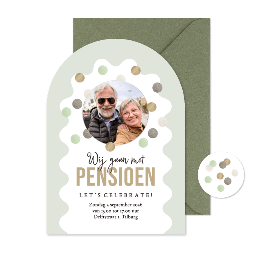 Uitnodiging boogkaart borrel feestje pensioen foto confetti - Kaartimpressie