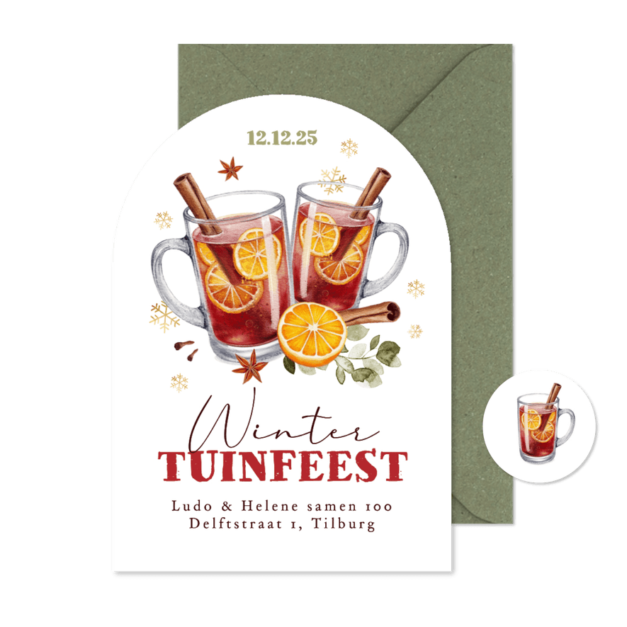 Uitnodiging boogkaart winter tuinfeestje glühwein samen 100 - Kaartimpressie