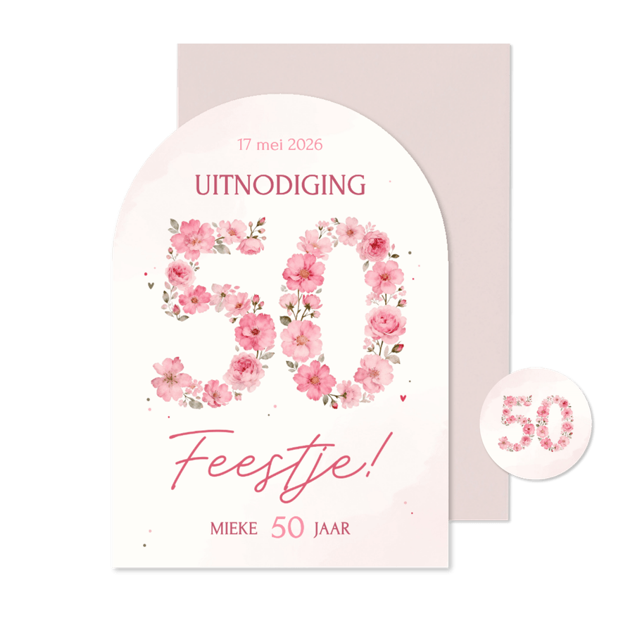 Uitnodiging boogvorm 50 jaar in roze bloemen verjaardag - Kaartimpressie
