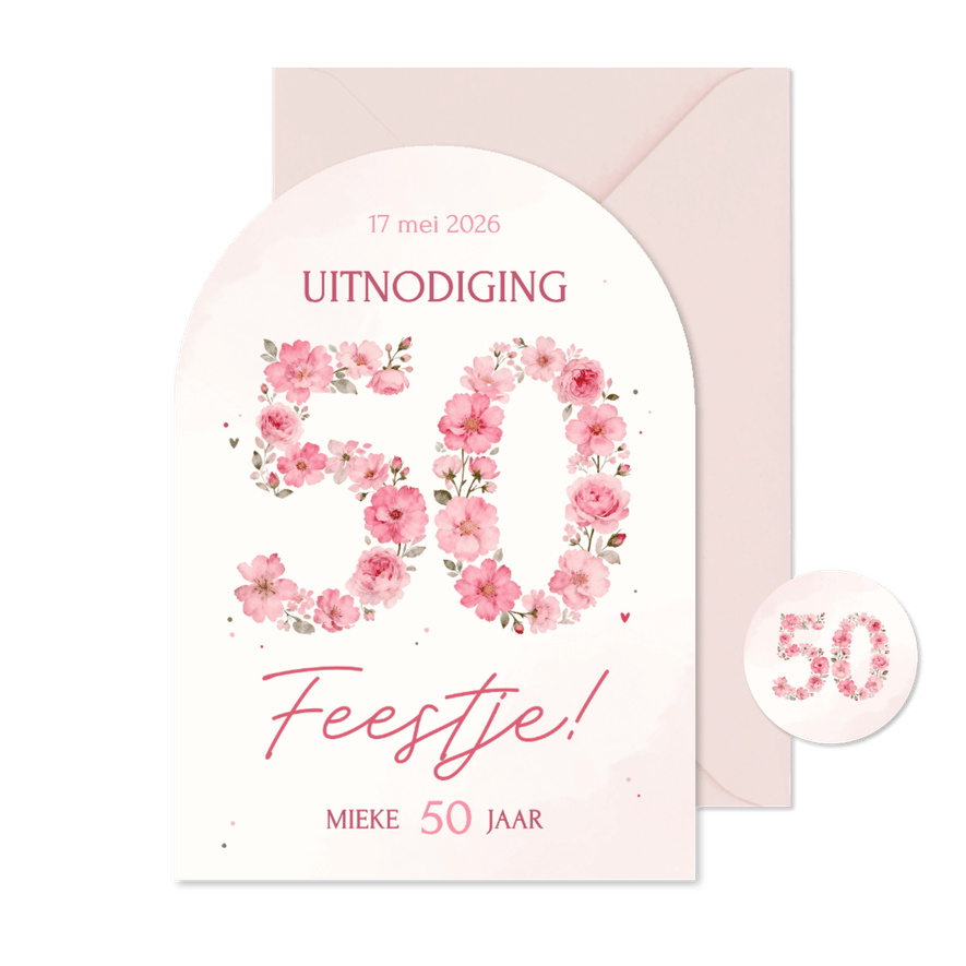 Uitnodiging boogvorm 50 jaar in roze bloemen verjaardag - Kaartimpressie