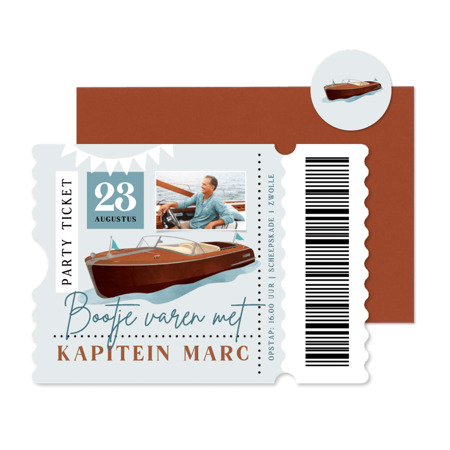 Uitnodiging boot ticket dagje varen verjaardag feestje water - Kaartimpressie