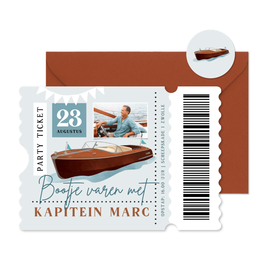 Uitnodiging boot ticket dagje varen verjaardag feestje water - Kaartimpressie