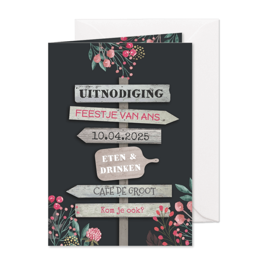 Uitnodiging bordjes met bloemen - Kaartimpressie