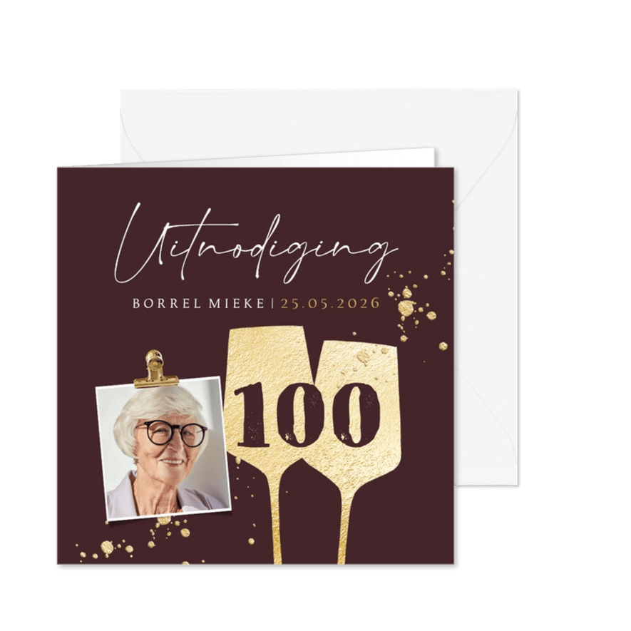 Uitnodiging borrel 100jaar wijnglazen spetters goudlook foto - Kaartimpressie