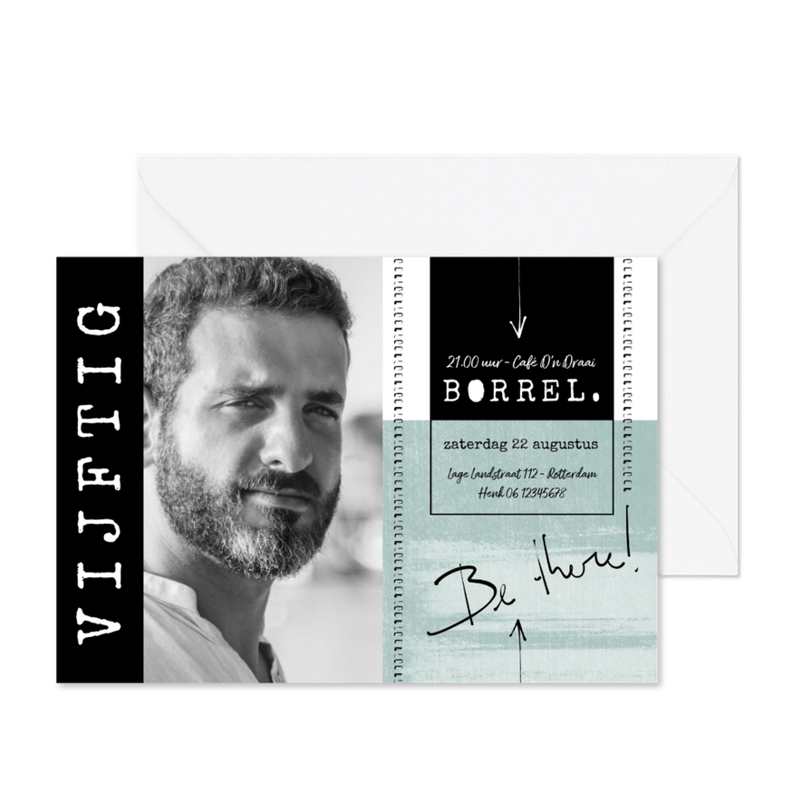 Uitnodiging borrel 50ste verjaardag, stoere typografie - Kaartimpressie