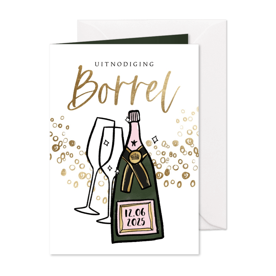 Uitnodiging ‘Borrel’ bubbels goudlook champagnefles glazen - Kaartimpressie