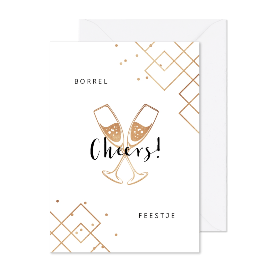 Uitnodiging borrel feestje champagne cheers goud confetti - Kaartimpressie