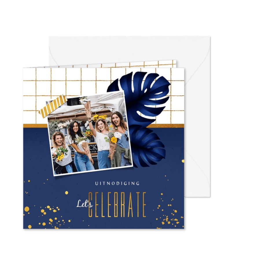 Uitnodiging borrel feestje hip goud blauw - Kaartimpressie