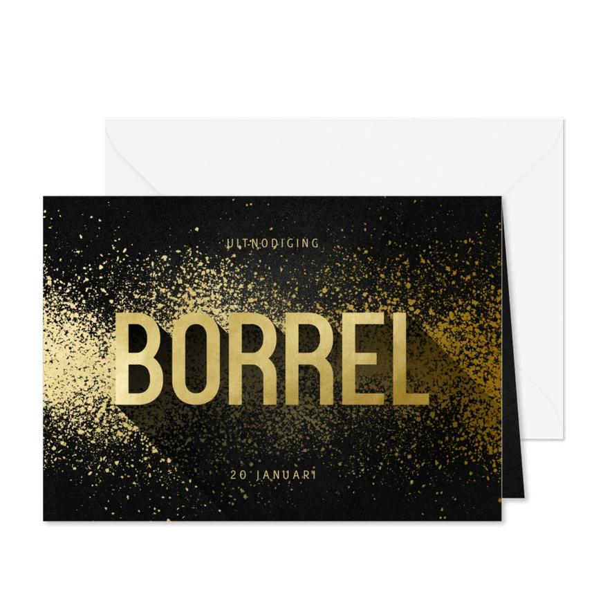 Uitnodiging borrel goudlook met spetters - Kaartimpressie