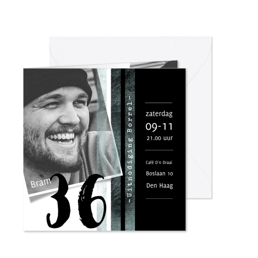 Uitnodiging borrel stoer en modern in zwartwit  - Kaartimpressie