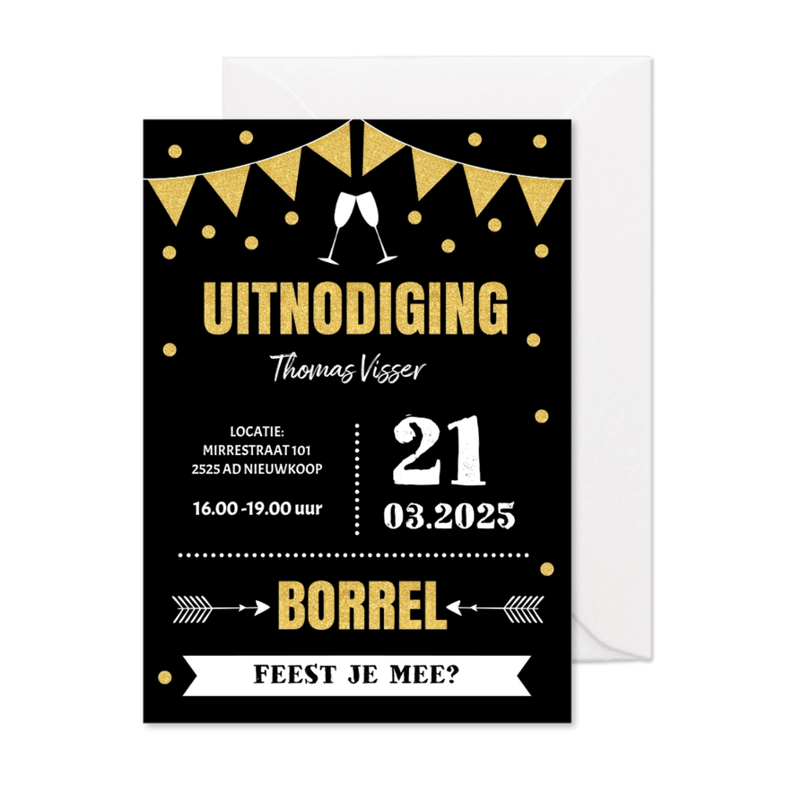 Uitnodiging borrel typografie slinger goudlook confetti - Kaartimpressie