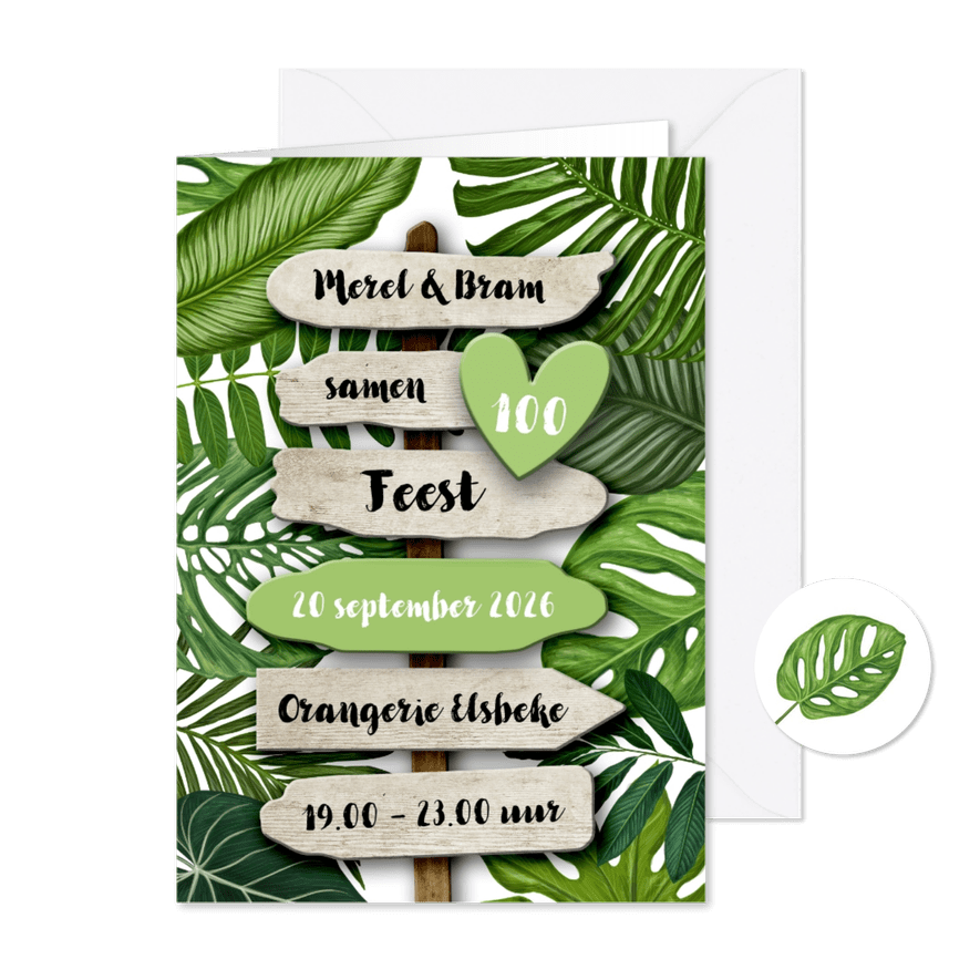 Uitnodiging botanisch groen blad met houten wegwijzer - Kaartimpressie