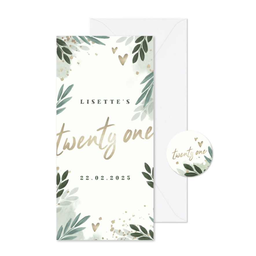 Uitnodiging botanisch 'twenty one' met gouden hartjes - Kaartimpressie