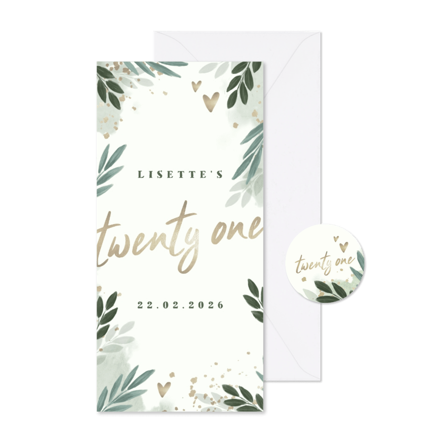 Uitnodiging botanisch 'twenty one' met gouden hartjes - Kaartimpressie