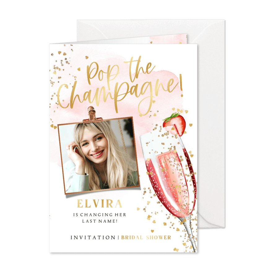 Uitnodiging Bridal Shower champagne watercolour goudlook - Kaartimpressie