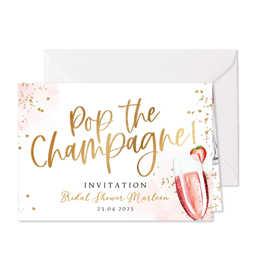 Uitnodiging Bridal Shower watercolour pink champagne goud - Kaartimpressie