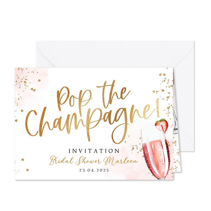 Uitnodiging Bridal Shower watercolour pink champagne goud - Kaartimpressie