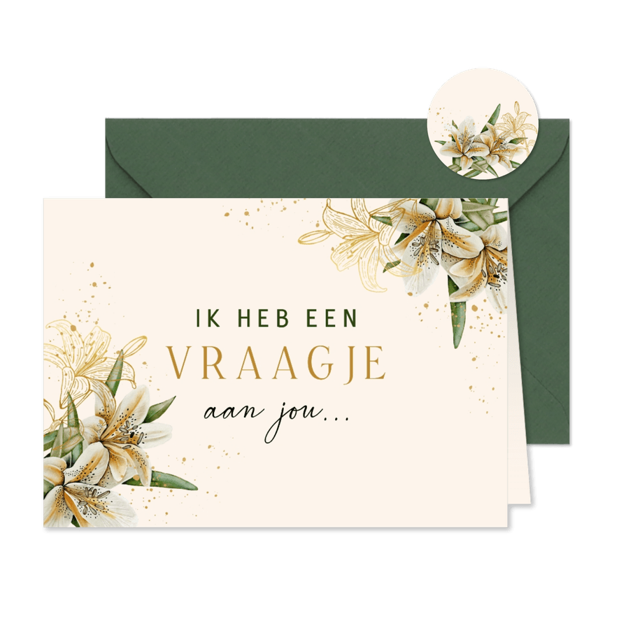 Uitnodiging bruidsmeisje witte lelies met goudfolie - Kaartimpressie