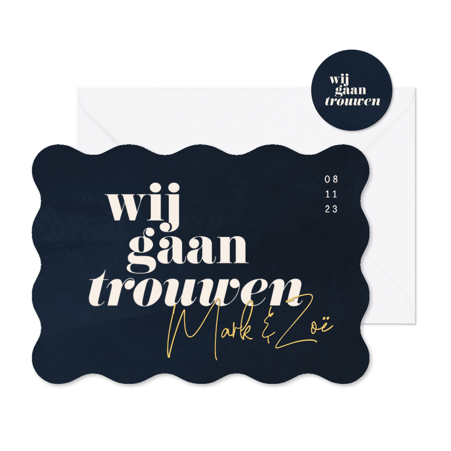 Uitnodiging bruiloft donkerblauw waterverf golfvorm - Kaartimpressie