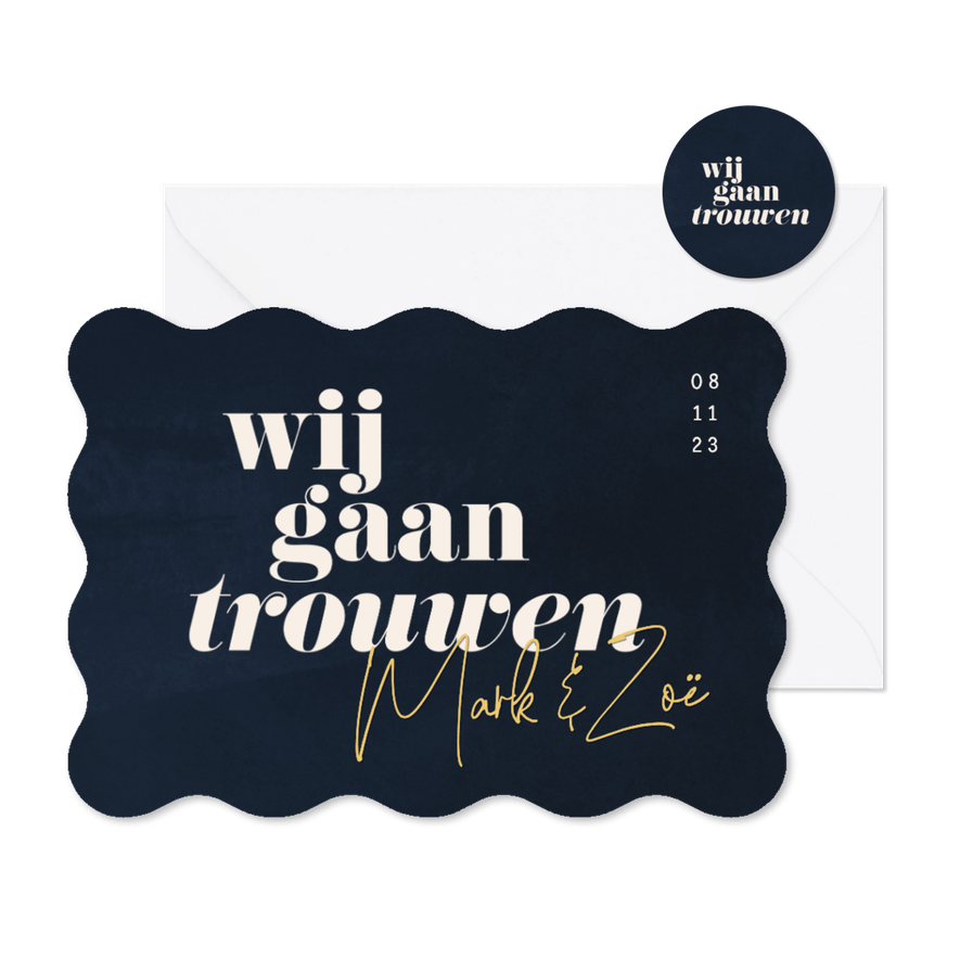 Uitnodiging bruiloft donkerblauw waterverf golfvorm - Kaartimpressie